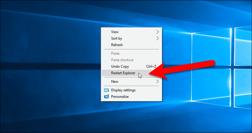 Используйте опцию Restart Explorer в контекстном меню рабочего стола.