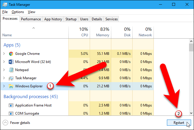 Выберите процесс Windows Explorer и нажмите «Перезагрузить».
