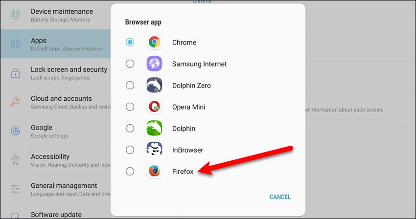 Коснитесь Firefox в диалоговом окне приложения браузера на устройстве Samsung.