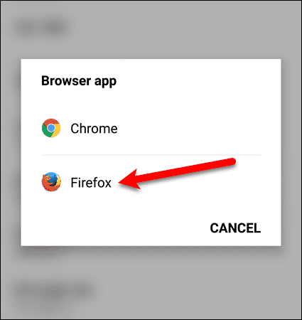 Нажмите Firefox в диалоговом окне приложения браузера на устройстве LG