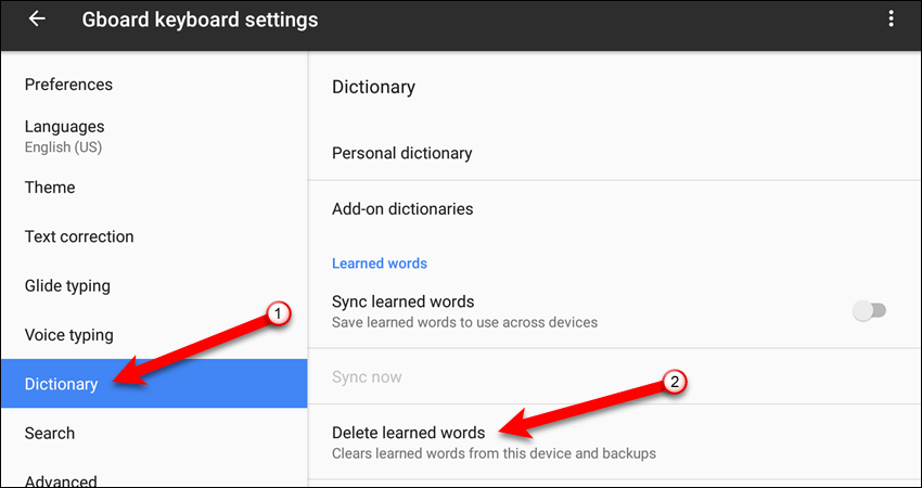 Нажмите «Удалить выученные слова на устройстве Google».