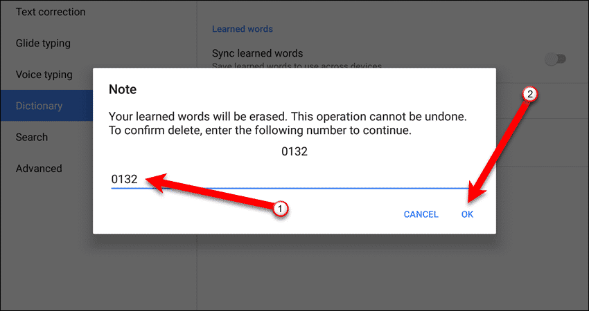 Введите номер, чтобы продолжить удаление выученных слов на устройстве Google