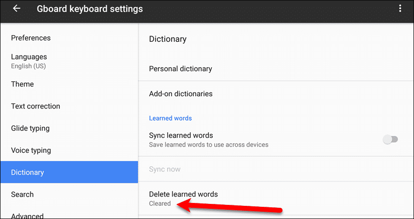 Выученные слова очищены на устройстве Google