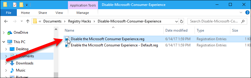 Дважды щелкните файл .reg, чтобы отключить Microsoft Consumer Experience.