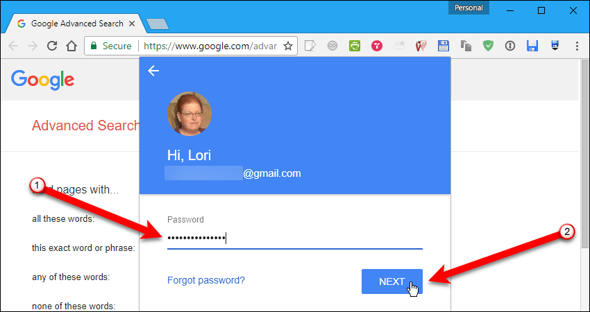 Введите пароль для адреса электронной почты в Chrome