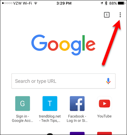 Нажмите кнопку меню в Chrome для iOS