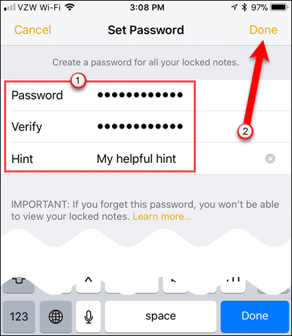 Введите пароль для всех заметок, которые вы хотите защитить