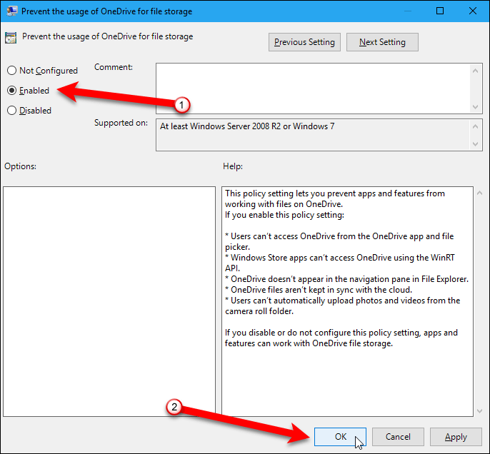 Выбор параметра «Включено» для свойства «Запретить использование OneDrive»