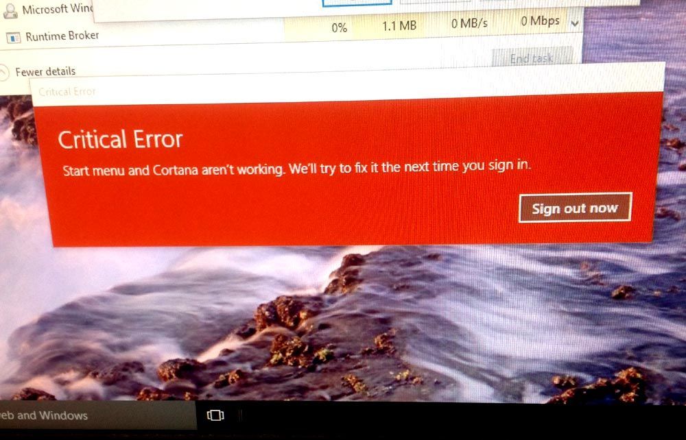Исправлено: Windows 10 не запускается меню критических ошибок и cortana. Мы постараемся исправить это при следующем входе в систему.