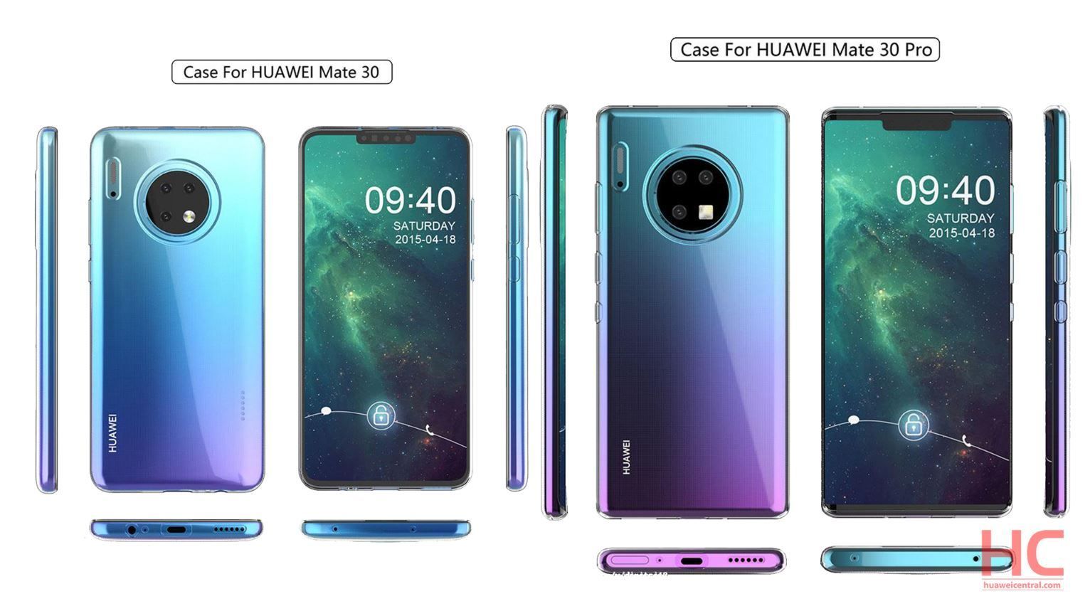 Huawei Mate 30 и 30 Pro's leaked case renders shows weird camera positions 
