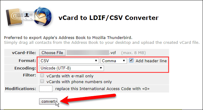 Выберите параметры для преобразования файла VCF в файл CSV