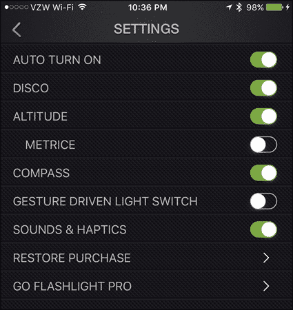 Настройки приложения фонарика на iOS