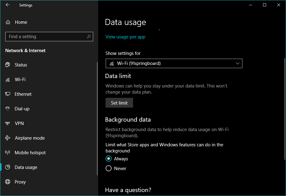 Отключить фоновые данные в Windows 10