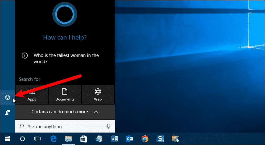 Нажмите кнопку Настройки Cortana