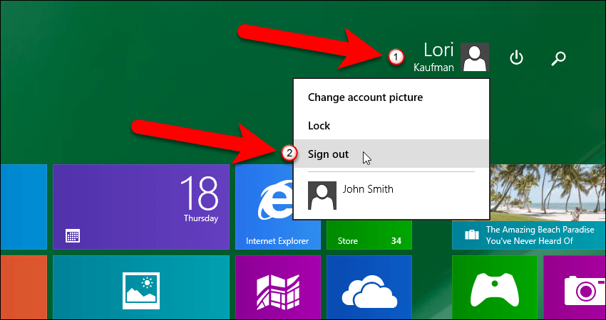 Выберите Выйти из меню пользователя в Windows 8.