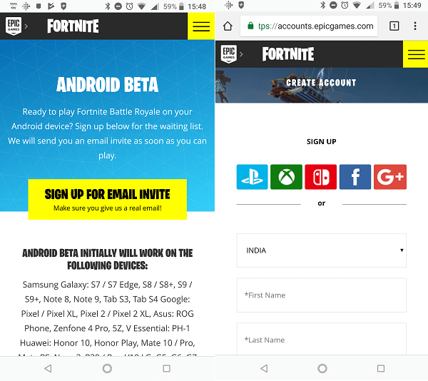Fortnite для Android Зарегистрироваться