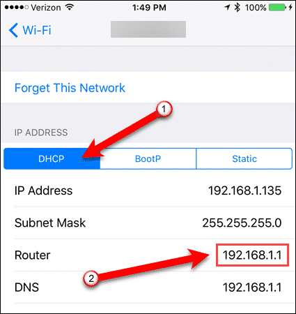 IP-адрес маршрутизатора на устройстве iOS