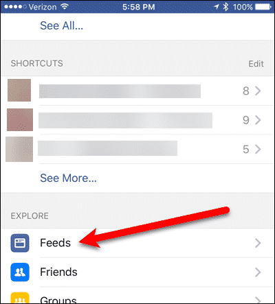 Нажмите «Feeds» в Facebook для настроек iOS.