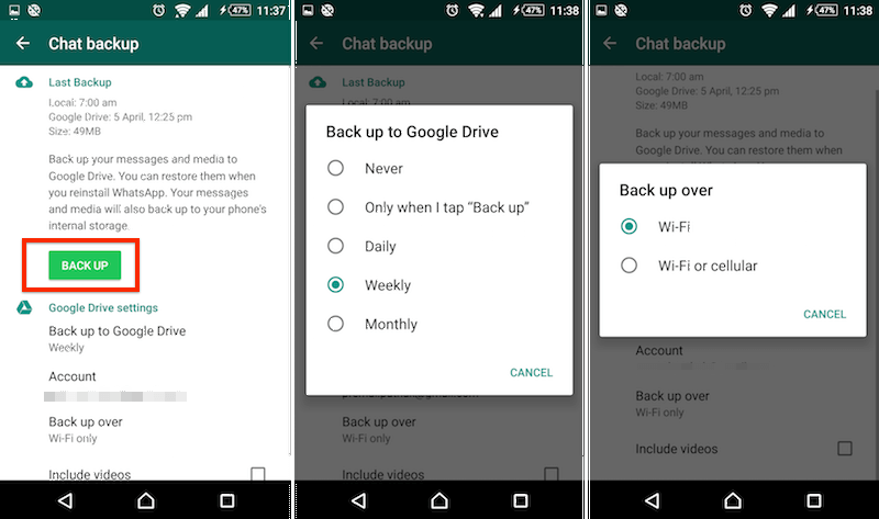 WhatsApp Android резервного копирования