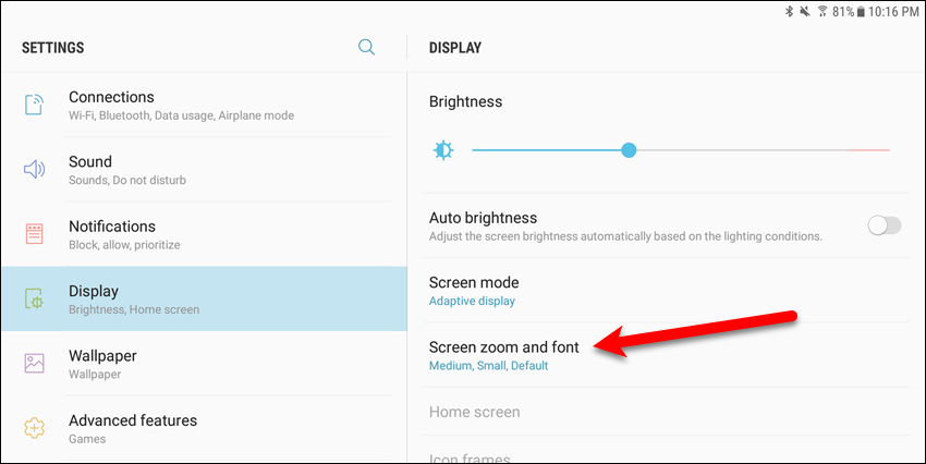 Нажмите «Увеличение экрана» и «Шрифт» в приложении «Настройки» на устройстве Samsung.