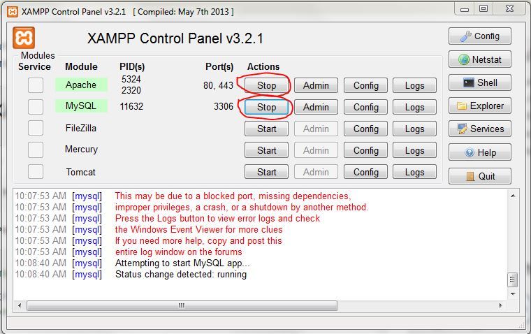 Панель управления XAMPP