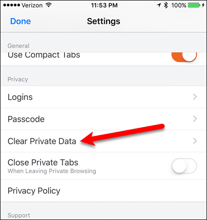 Нажмите Очистить личные данные в Firefox для iOS