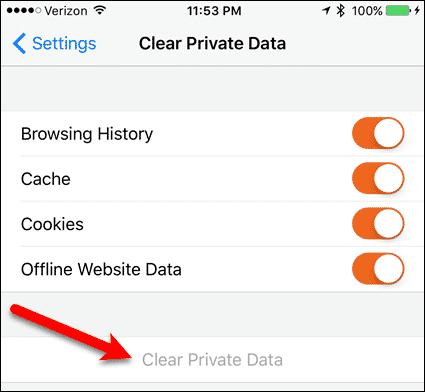 Личные данные очищены в Firefox для iOS