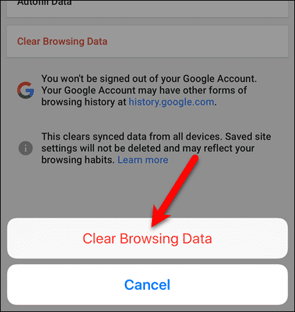 Нажмите «Очистить данные браузера» снова в Chrome для iOS
