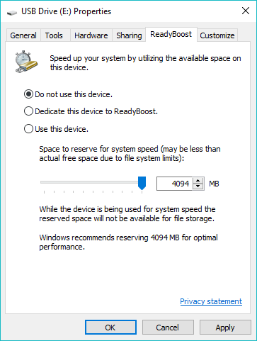 Отключить ReadyBoost Windows 10