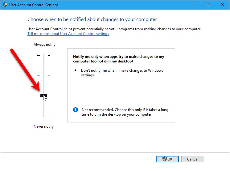 Уведомлять меня, только когда приложения пытаются внести изменения в мой компьютер (не уменьшайте яркость моего рабочего стола)