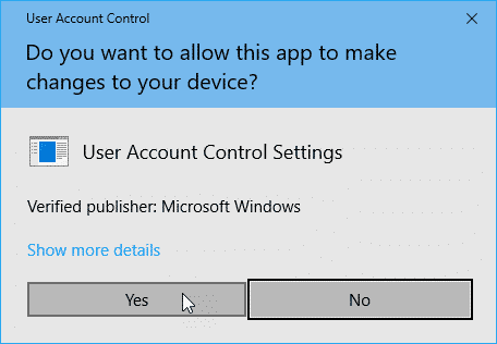 Диалоговое окно контроля учетных записей в Windows 10 без пароля