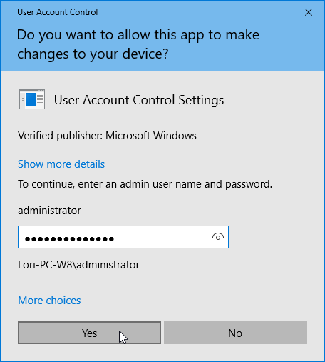 Диалоговое окно контроля учетных записей в Windows 10 с паролем