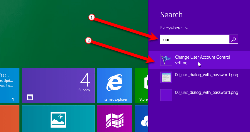 Откройте настройки контроля учетных записей в Windows 8