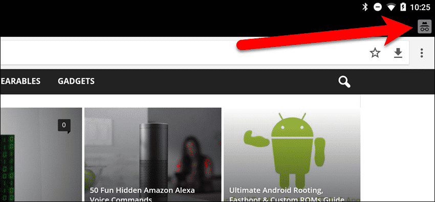 Значок инкогнито справа становится серым, когда в Chrome на планшете Android активны обычные вкладки.