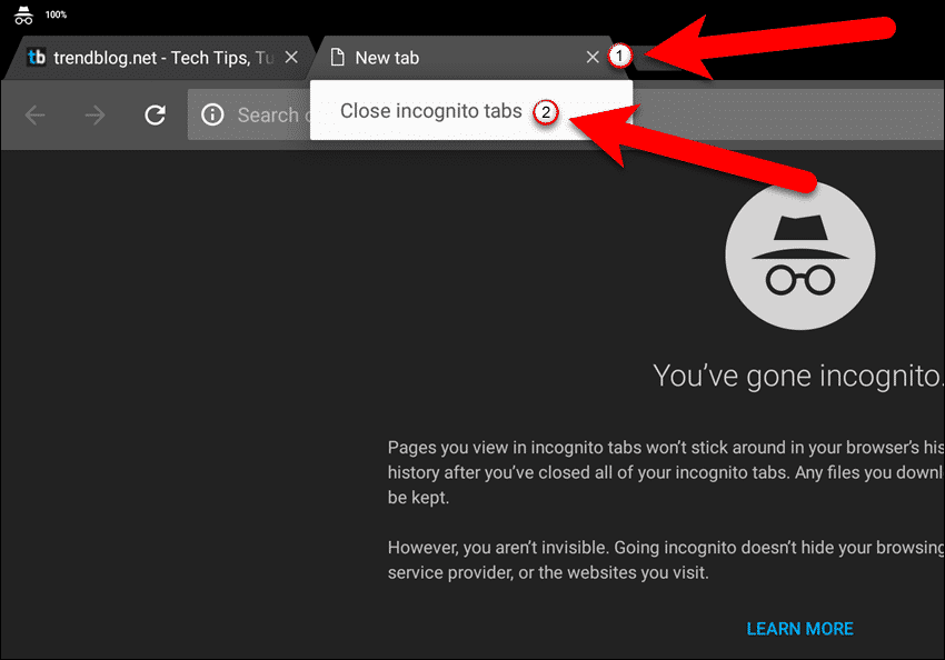 Закройте все открытые вкладки Incognito в Chrome на планшете Android.