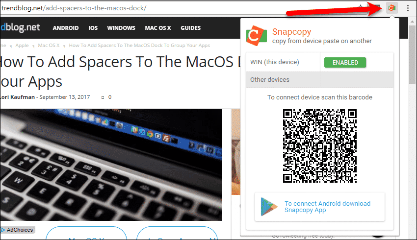 Откройте расширение Snapcopy в Chrome на вашем компьютере