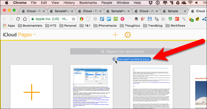 Перетащите файл Word в приложение Pages на iCloud в окне браузера.