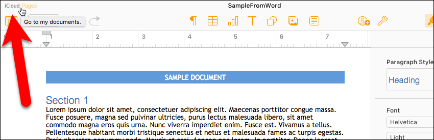 Файл Word открывается в Pages на iCloud.