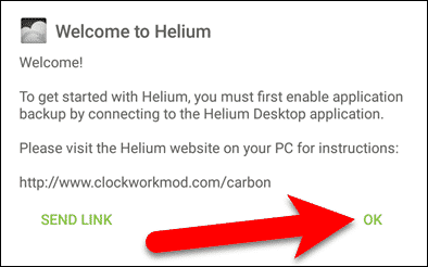 Диалоговое окно приветствия в приложении Helium - подключите ваше устройство.