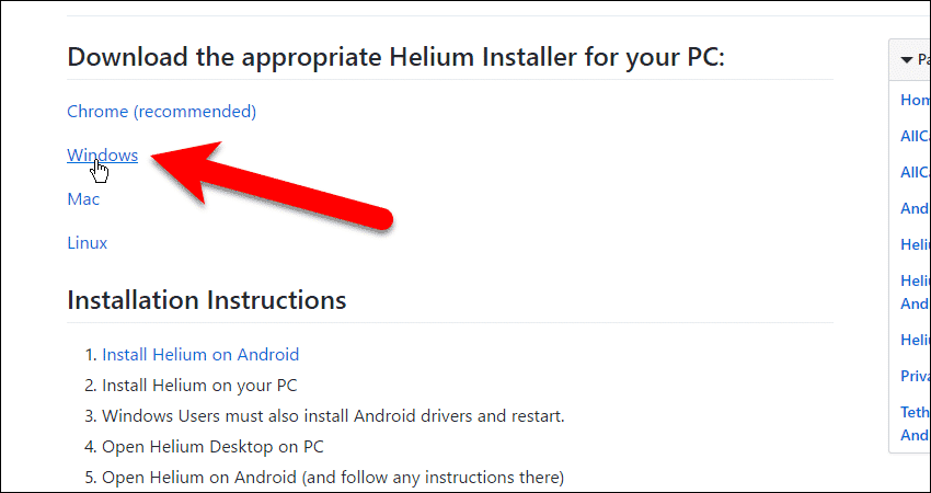 Нажмите на ссылку загрузки Windows для настольного приложения Helium.