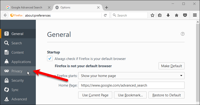 Нажмите Конфиденциальность в Firefox