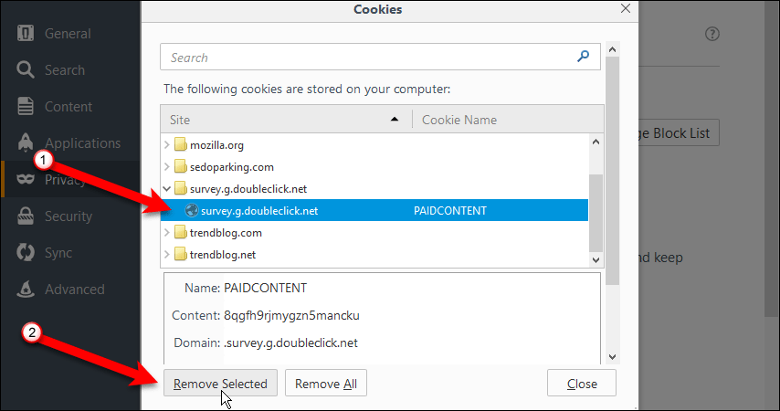 Нажмите Удалить выбранное для файла cookie в Firefox
