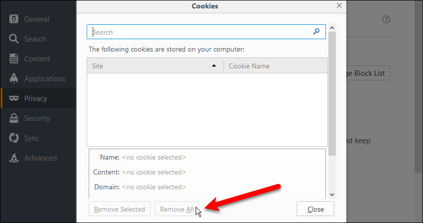 Нажмите Удалить все для файлов cookie в Firefox