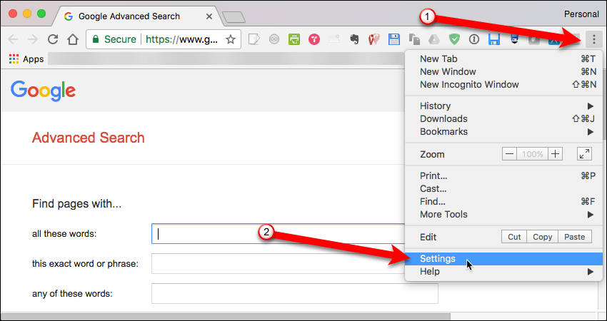 Выберите Настройки в Chrome на Mac