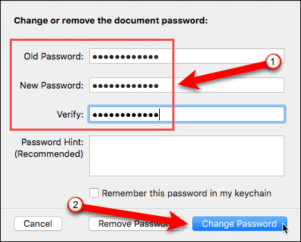 Изменить или удалить пароль документа