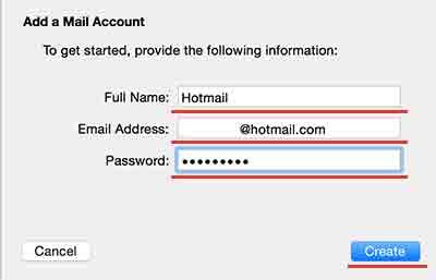добавление учетной записи hotmail на Macbook Pro Retina или Air