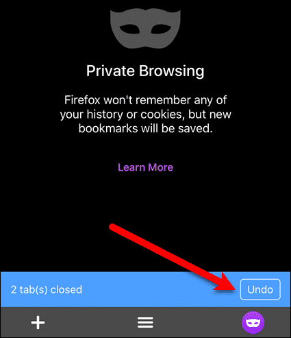 Две вкладки закрыты с помощью кнопки «Отменить» в Firefox на iOS