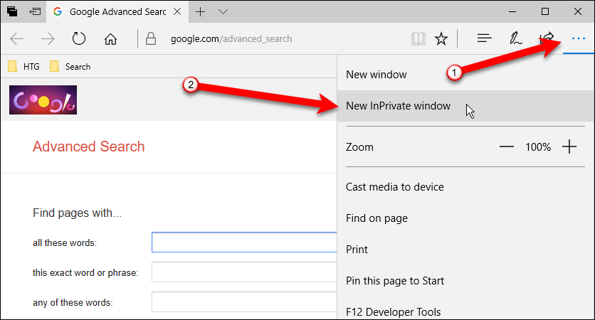 Выберите Новое окно InPrivate в Edge в Windows