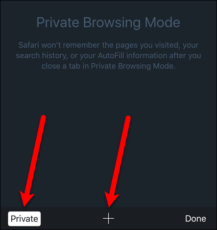 Нажмите кнопку новой вкладки, затем кнопку «Приват» в Safari на iOS