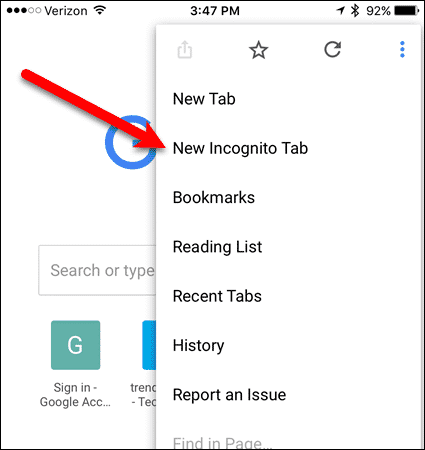 Нажмите «Новая вкладка инкогнито» в Chrome на iOS